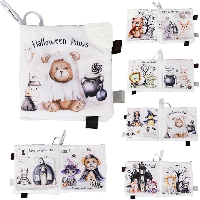 Ali+Oli Baby Cloth Book – Soft Sensory Crinkle Book with Teether for Infants 0-12 Months – Early Learning Touch & Feel Tummy Time Toy – Newborn Shower Gift for Christmas - Halloween Paws