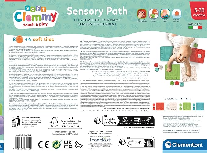 Clementoni- Soft Clemmy Touch, Crawl & Play Sensory Path: Safe & Fun Playmat for Crawling Babies & Toddlers, Develops Tactile Skills & Builds Imagination, 8 Maulticoloured Pieces (6+ Months)