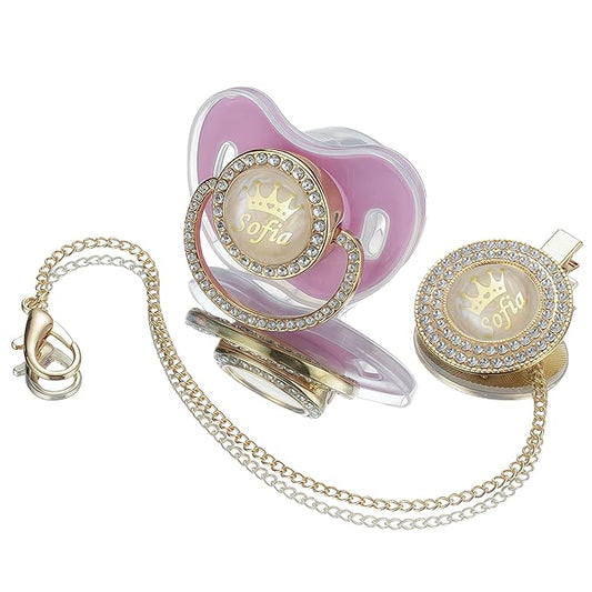Sparkling Bling Custom Baby Pacifiers and Clips/Holder Kit with Name Personalized with Rhinestones for Boy and Girl Baby Shower (Light Purple)