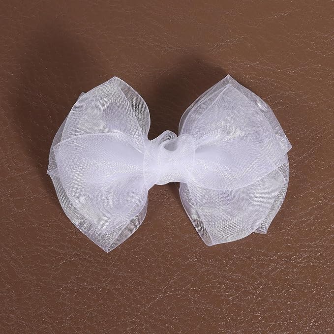 Mesh Hair Bows Clip White 4" Organza Double Tulle Bow Barrettes Alligator Pins for Teens Toddler Flower Girls Wedding Pageant Communion Birthday Party Dress Decorative Accessories
