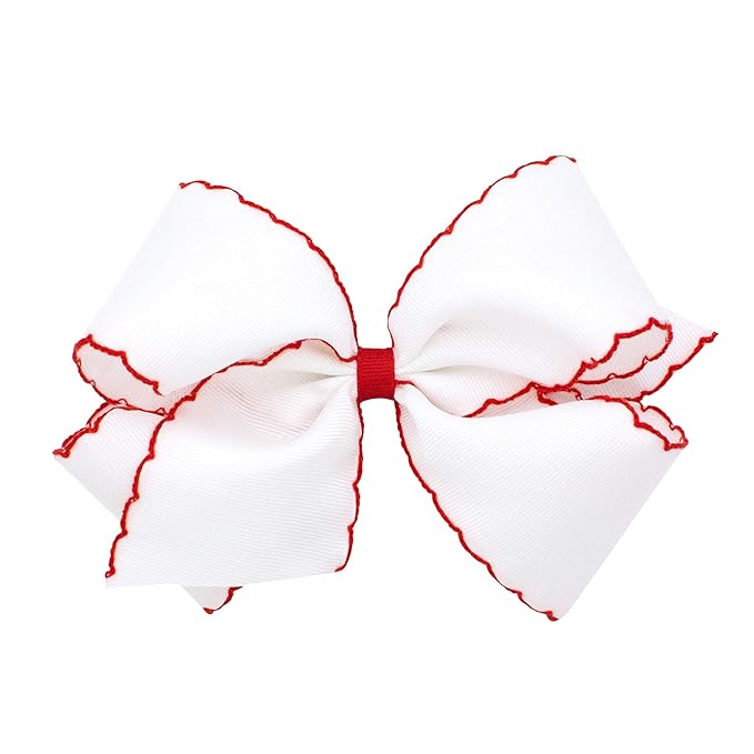 Wee Ones Girls' Classic Grosgrain Moonstitch Edge Hair Bow, No-Slip Hair Clip, Handmade, White with Red, King