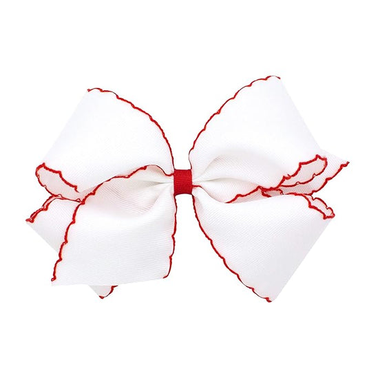 Wee Ones Girls' Classic Grosgrain Moonstitch Edge Hair Bow, No-Slip Hair Clip, Handmade, White with Red, King