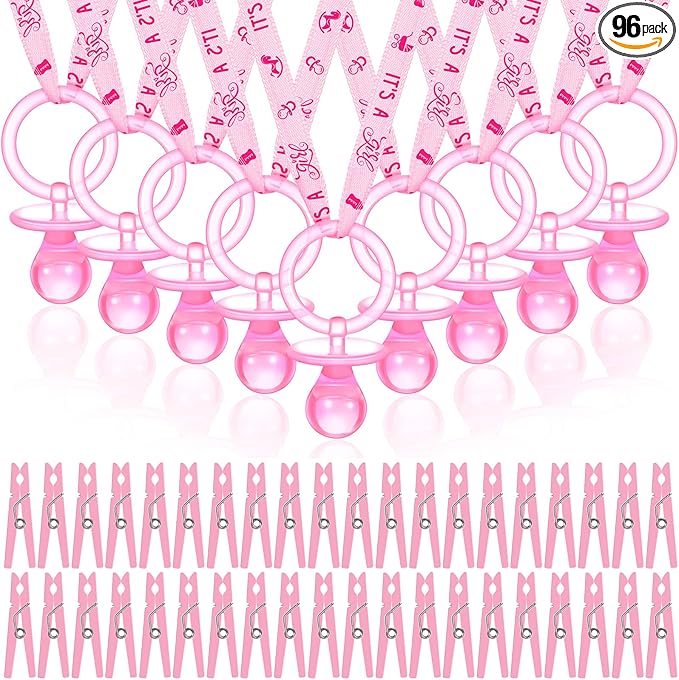 Coume 48 Sets Baby Shower Pacifiers Necklace with Mini Clothes Pins Acrylic Pacifier Bulk Newborn Party Favors for Women Men Baby Shower Decorations Gender Reveal Party Supplies(Pink)