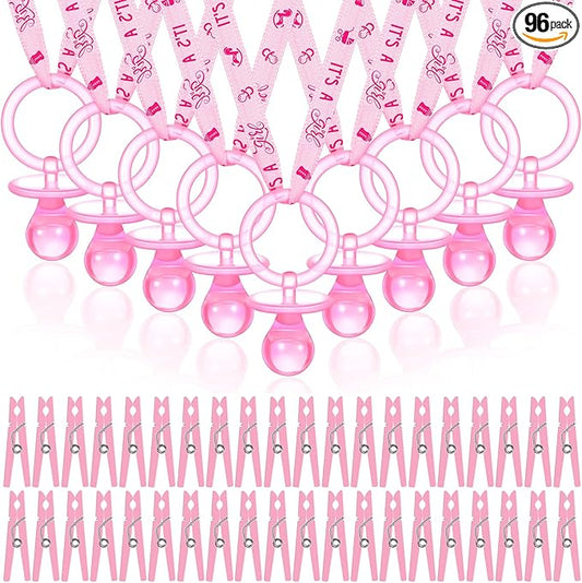 Coume 48 Sets Baby Shower Pacifiers Necklace with Mini Clothes Pins Acrylic Pacifier Bulk Newborn Party Favors for Women Men Baby Shower Decorations Gender Reveal Party Supplies(Pink)