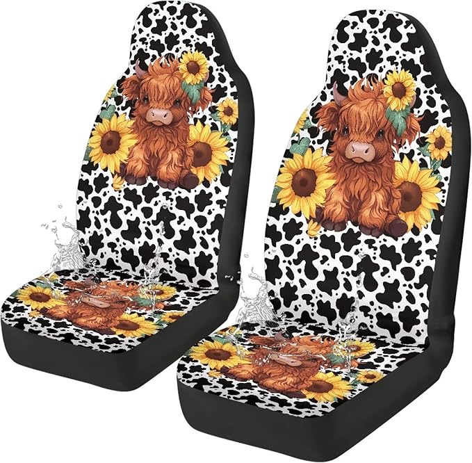 Cute Highland Cow Car Front Seat Cover, Women's Auto Car Seat Covers Protector Universal Car Interior Accessories Automobile Seat Cover for Most Cars Truck Van SUV, 2 Pack