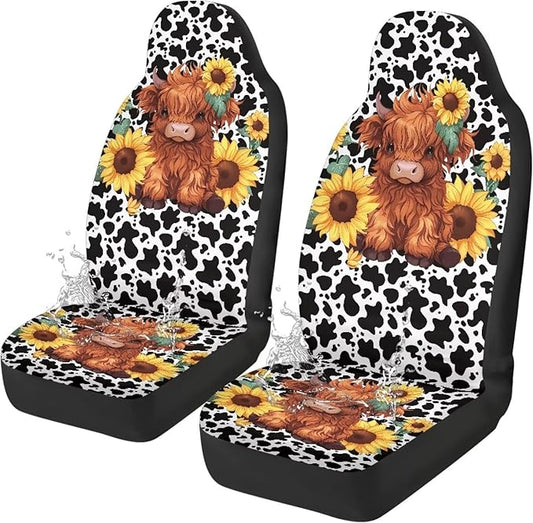 Cute Highland Cow Car Front Seat Cover, Women's Auto Car Seat Covers Protector Universal Car Interior Accessories Automobile Seat Cover for Most Cars Truck Van SUV, 2 Pack