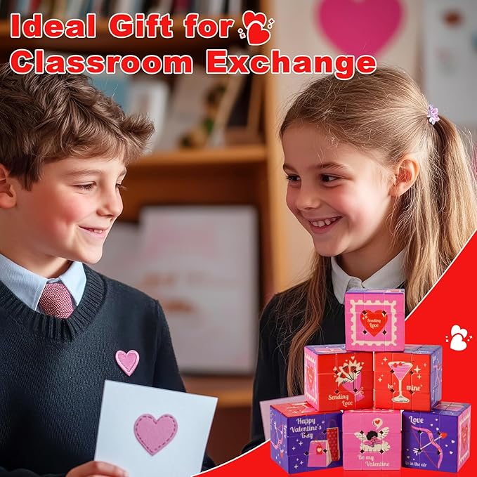 24 Pack Premium Valentine's Day Mini Cubes Set with Cards & Bags, 3x3x3 Puzzle Cubes (1.18 Inch) Heart-Themed Classroom Exchange Gifts, Valentines Gift, Bulk Party Favors, Goodie Bag Stuffers for Kids