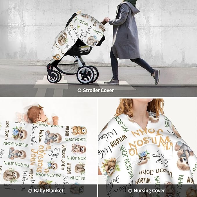 Personalized Winter Car Seat Covers for Babies with Name Sloth Minky Baby Car Seat Cover for Boys Girls Custom Infant Carseat Covers Baby Blanket Nursing Cover Breastfeeding Scarf