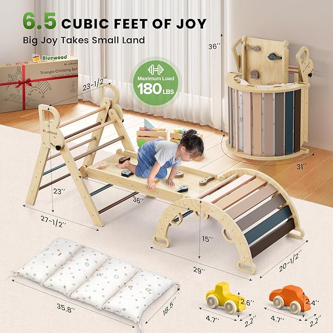 BlueWood Pikler Triangle Set with Cushion - Climbing Toys for Toddlers 9-in-1, Montessori Philosophy Play Jungle Gym with Arch, Ramp, Ladder (Pink)