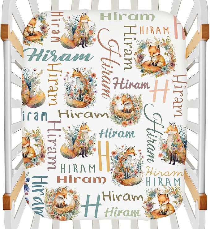 Personalized Name Pack and Play Sheets for Baby Girls Boys, Customized Stretchy Pack n Play Sheets with Name, Custom Cute Fox Mini Crib Mattress Sheets, Soft Breathable Playard Sheets Playpen Sheet