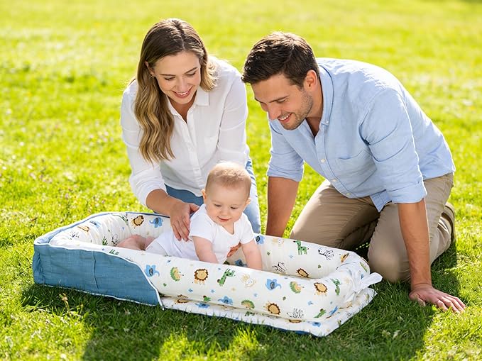 Baby Lounger for Newborns & Infants 0–24 Months, 100% Cotton Breathable Infant Support Cushion with Adjustable Size, Portable Baby Nest for Home and Travel, Baby Shower Gift (Animal World Blue)