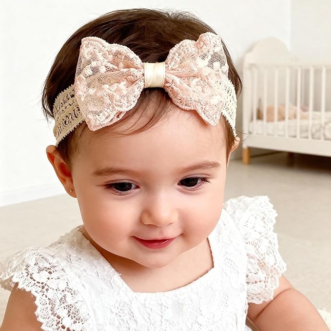 Baby Girls Bow Lace Headband Cute Soft Hairband White Butterfly Knot Headbands for Newborn Infants Toddlers Kids Christening Baptism Birthday Party Hair Accessories（Fan flower bow）