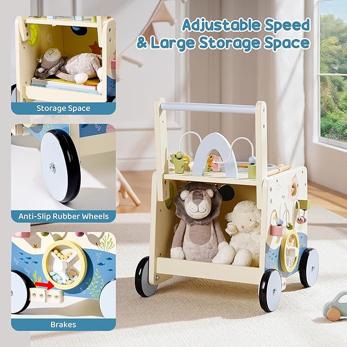 Wooden Baby Walker Push Toy for Toddlers 10M+ | Adjustable Height & Speed Control | Montessori Activity Center with Fishing Game, Music, Storage | Ocean World Theme Learning Walking Toy