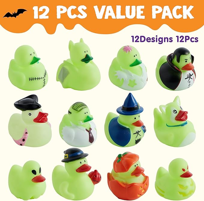 JOYIN 12 PCS Halloween Glow Ducks Bath Toys, Rubber Ducks for School Classroom Prizes, Glow in The Dark Duckies for Trick or Treating Goodie Bag Fillers, Halloween Party Favors Decorations