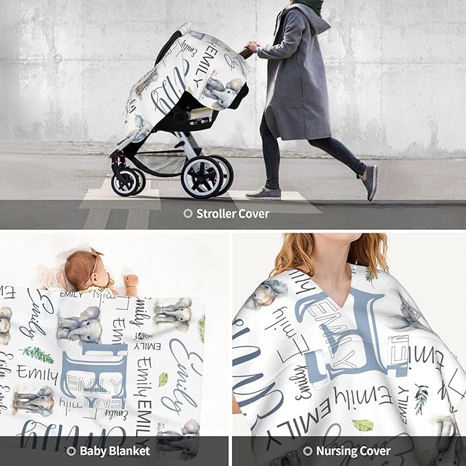 Personalized Winter Car Seat Covers for Babies with Name Elephant Minky Baby Car Seat Cover for Boys Girls Custom Infant Carseat Covers Baby Blanket Nursing Cover Breastfeeding Scarf