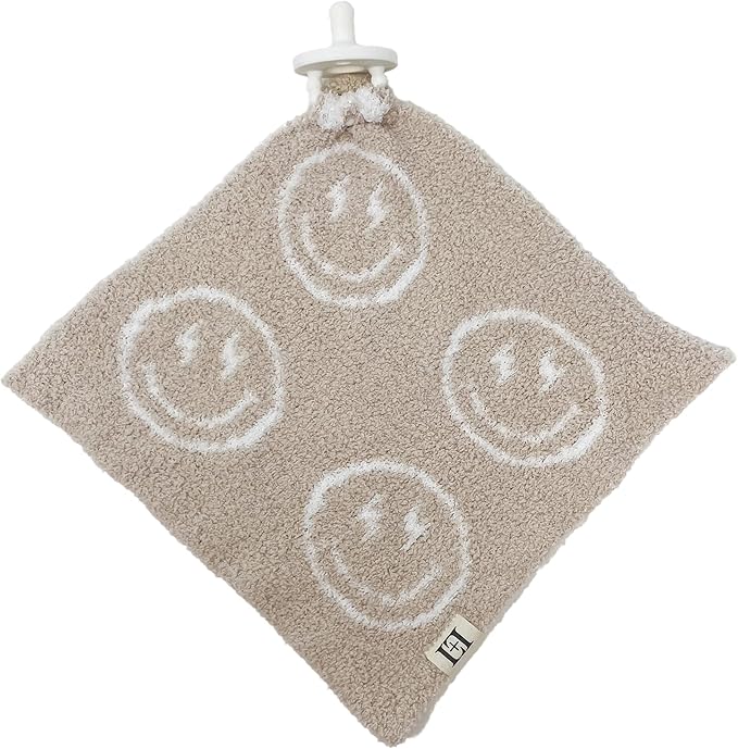 L+L USA Smiley Face Baby Lovey Pacifier/Teether Holder 10"x10" - DreamSoft Plush Fluffy Cuddly Soothie Reversible Mini Comfort Blanket - Cute Newborn Gift Essential Babies Boys Girls (Tan/White)