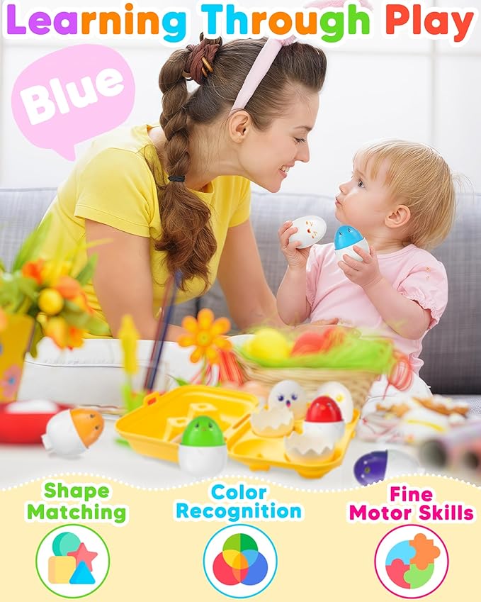 Walenced Easter Egg Toys for Toddlers 1-3, Easter Basket Stuffers for Toddlers 1-3 Prefilled Easter Eggs with Toys Inside, Matching Sensory Eggs Toys, Easter Gifts for 3 Year Old Girls Boys