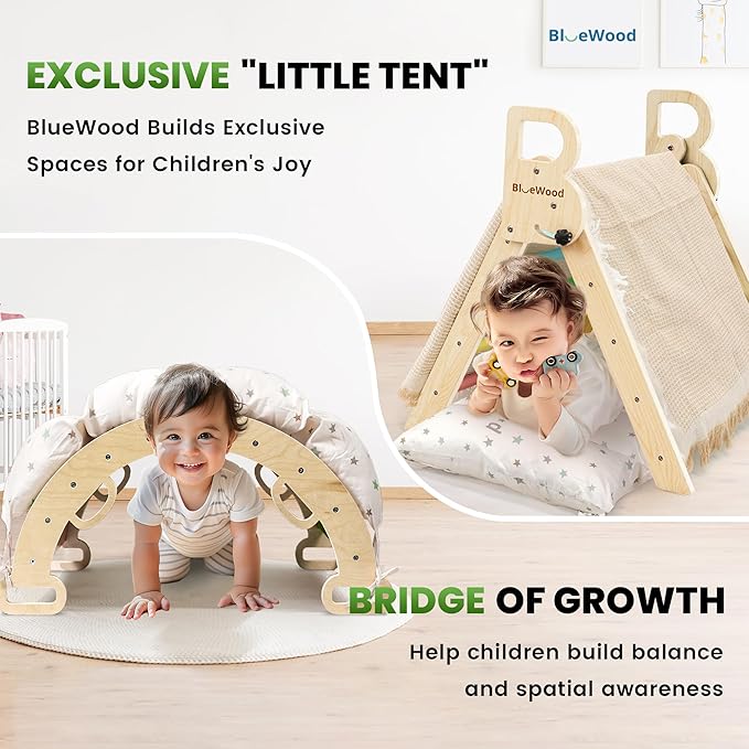BlueWood Pikler Triangle Set with Cushion - Climbing Toys for Toddlers 9-in-1, Montessori Philosophy Play Jungle Gym with Arch, Ramp, Ladder (Rainbow)