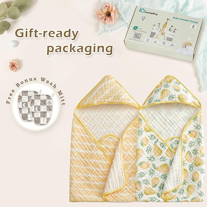 Hooded Baby Bath Towels 2 Pack 32x32 Inch, 100% Cotton Soft & Highly Absorbent, Cute Starry Waves & Pear Prints, Baby Towel Set with Wash Mitts, Gentle for Newborn, Infant & Toddler