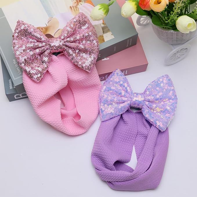 Hairband, 7" Sequin Bow Baby Headbands - Purple & Pink, Elastic Wide Hairbands for Baby Girls Newborn and Infant Hair Accessories Gift, One Size Fits All, Soft, 1 Set of 2 Pieces