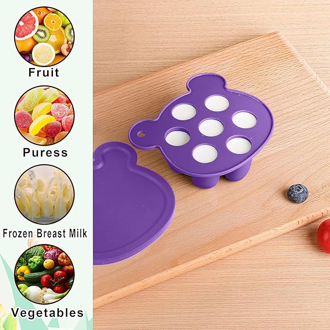 6-in-1 Baby Fruit Feeder Pacifier & Baby Food Feeder Set – Silicone Breastmilk Popsicle Mold with Freezer Tray, Teething Relief Toy, BPA Free Infant Feeder, 3 Sizes (S/M/L) Sacs (Purple)