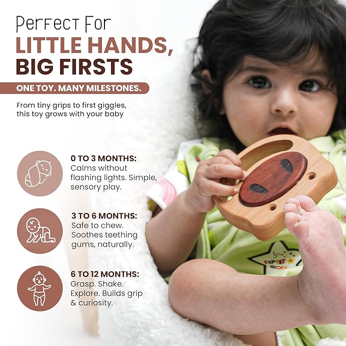 HippoToys Handcrafted Wooden Baby Rattle | Natural Teething Toy | Montessori Sensory Developmental Toy | Non-Toxic Organic Wood | Newborn Infant Baby Boy Girl Gift 0-12 Months
