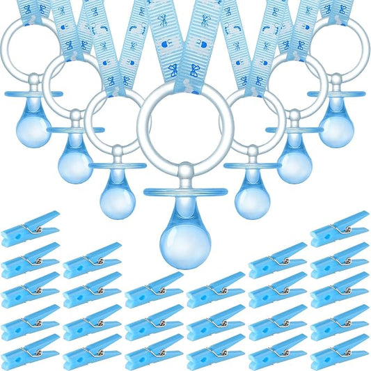Tondiamo 48 Pieces Baby Pacifiers Party Favors with 24 Plastic Pacifiers and 24 Mini Clothes Pins Transparent Baby Showers Pacifiers Necklace Baby Girl Boy Pacifier Necklace for Party Favor(Blue)