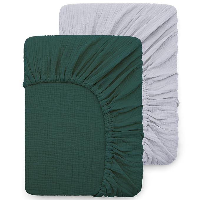 Pro Goleem Muslin Bassinet Sheet for Boys and Girls, Soft Breathable Fitted Cotton Baby Sheets Set for Oval Hourglass and Rectangular Bassinet Mattress, Neutral, 2 Pack (Grey＆Green)