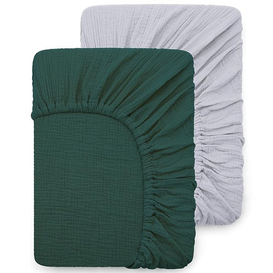 Pro Goleem Muslin Bassinet Sheet for Boys and Girls, Soft Breathable Fitted Cotton Baby Sheets Set for Oval Hourglass and Rectangular Bassinet Mattress, Neutral, 2 Pack (Grey＆Green)
