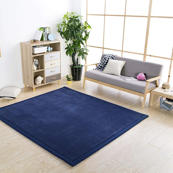 Loartee Coral Velvet Crawling Rug and Area Rug (4'9"x4'9", Dark Blue) for Toddler Children Play Mat and Yoga Mat Exercise Pad