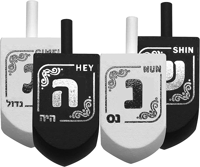 Izzy 'n' Dizzy Hanukkah Dreidels - Black & White Wood Dreidel - 10 Pack Medium - Chanukah Spinning Draidel Game