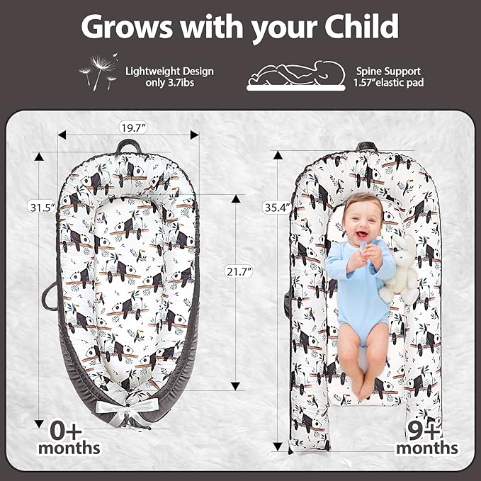 Baby Lounger-Breathable and Soft Organic 100% Cotton, Portable Infant Lounger with Removable Lounger Cover, Baby Nest Lounger for Newborn - Grey Panda