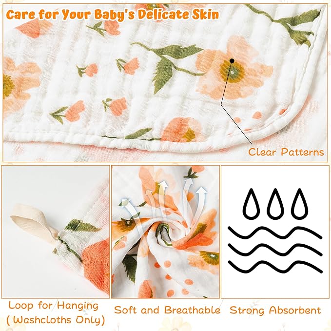 Zainpe 4Pcs Muslin Baby Hooded Towel & Washcloth Set, Spring Flowers Soft Absorbent Cotton Bath Hand Towels Infant Shower Gifts for Newborn Toddler Boys Girls Feeding Teething Sleeping 31.5 X 31.5 in