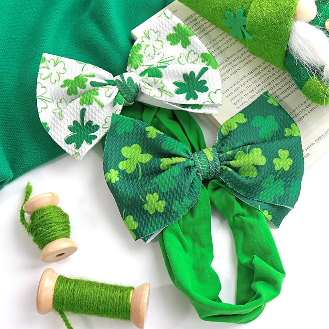 6” Large St Patricks Baby Bows Shamrock Clover Headbands Hairband Green Nylon Bows for Newborn Girls Infants Toddlers St Patricks Day Hair Accessories