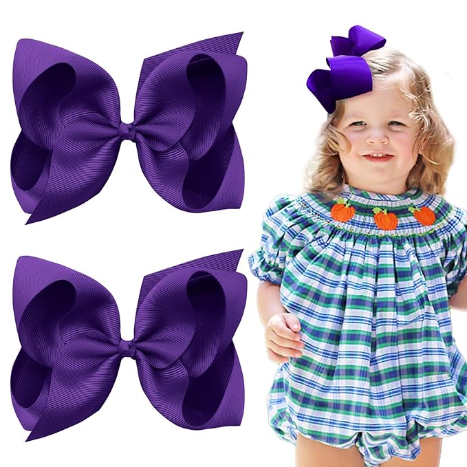 Oaoleer Hair Bows Clips, 2PCS 6inch Purple Layered Grosgrain Ribbon Bows Hair Alligator Clips for Baby Girls Infants Toddlers Kids Teens Children