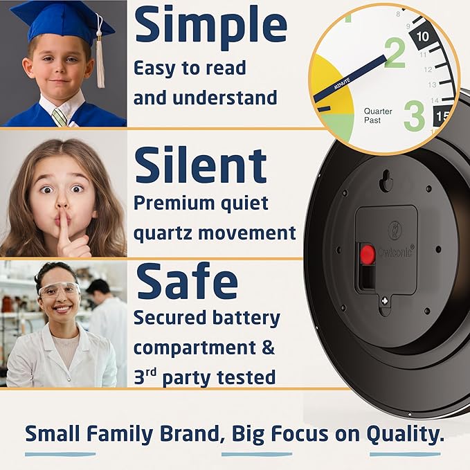 OWLCONIC Clock for Kids – Educational Analog Learning Wall Clock, Non Ticking Teaching Clock for Classroom & Homeschool, Silent Kids Bedroom Décor Multicolor