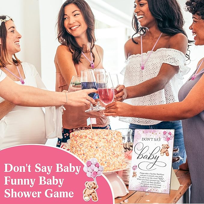 Wesiti 51 Pcs Cool Baby Shower Game Wooden Sign Gift Sets 50 Baby Shower Pacifiers Necklace Acrylic Pacifier for Gender Reveal Party Favor(Bear,Pink)