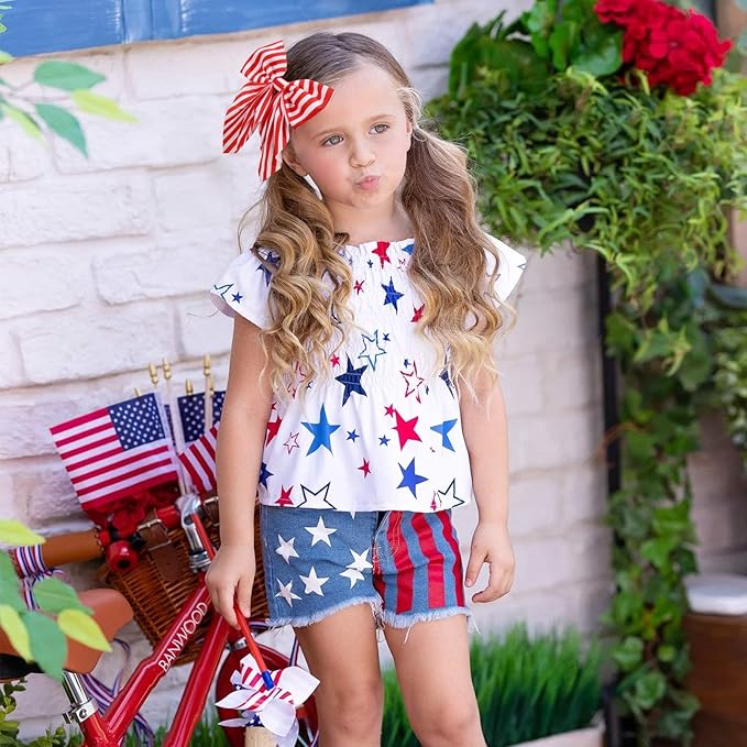 4th of July Hair Bows for Girls, Large Patriotic Fable Bow Handmade American Flag Hair Clips Independence Day Hair Accessories for Little Girls Toddlers Kids (Pattern A)