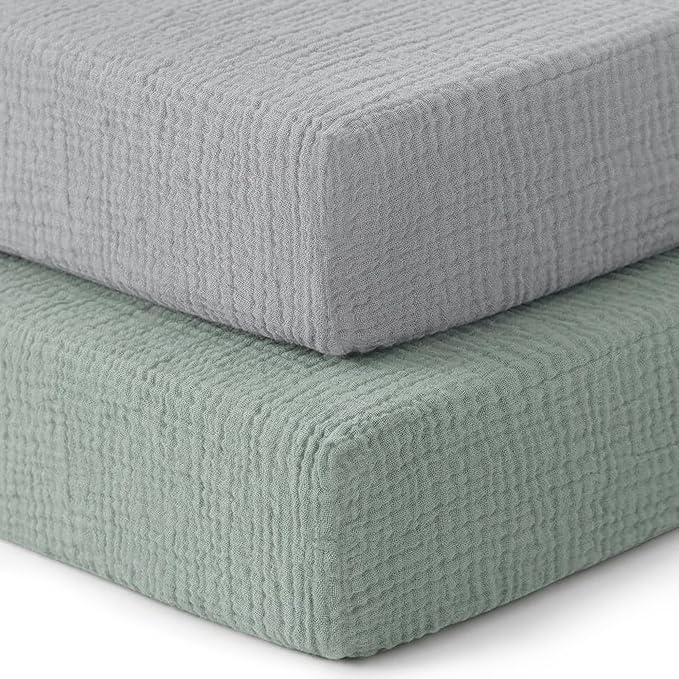 Pro Goleem 2 Pack Muslin Crib Sheets for Boys and Girls, Soft Breathable Neutral Fitted Cotton Baby Bed Sheets Set for Standard Crib Mattress & Toddler Mattress 52"x28", (Grey＆Green)