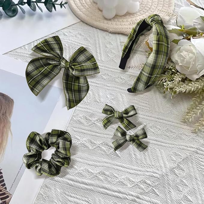 5 Pcs Striped Headband Set with Hair Knotted Scrunchies Bow, Padded Headbands for Women, Christmas Hair Bows & Clips Accessories for Girls (Green-A)