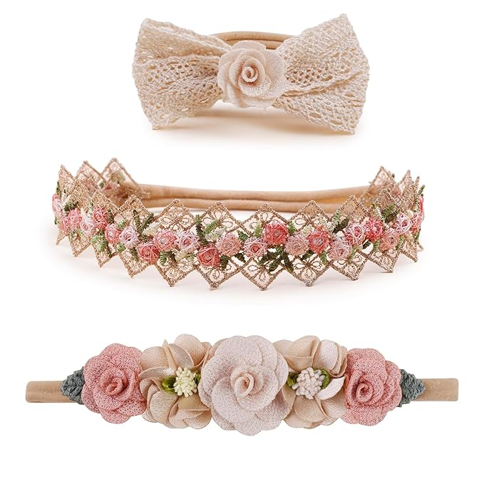 Baby Girl Flower Headbands and Bows, Stretchy Soft Nylon Floral Crown, 3pcs Handmade Hair Accessories for Newborn Infant Toddler