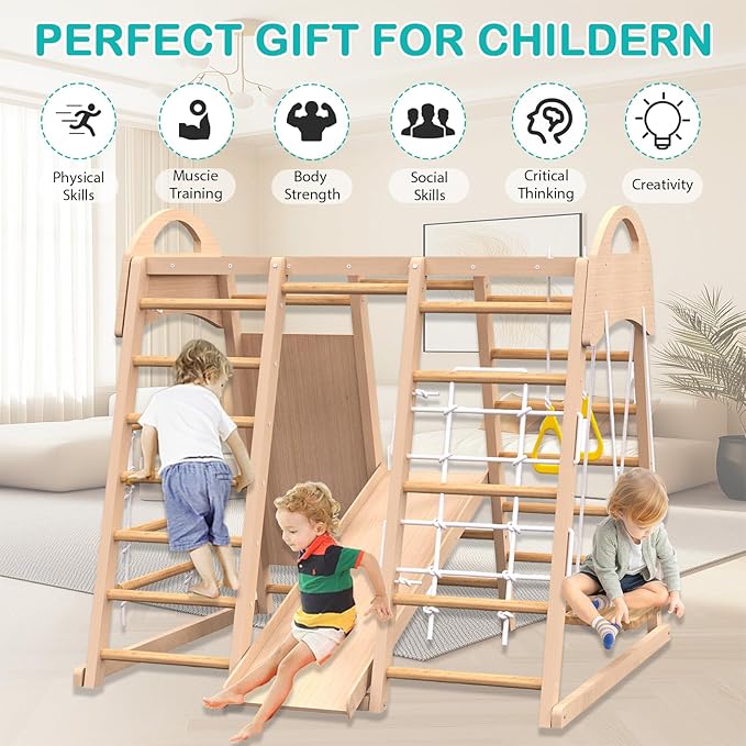 Indoor Playground, Wooden Indoor Jungle Gym for Kids, Toddler Climbing Toys with Stair Slide Swing Set Monkey Bars, Gym Equipment for Backyard, Outdoor Playset for Kids Aged 3-8 (9-in-1)