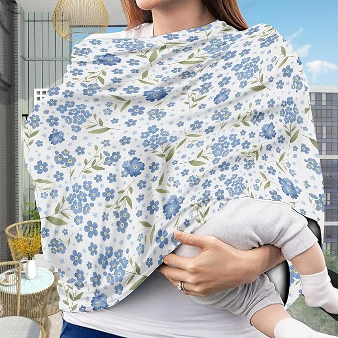 Biyejit Blue Floral 5-in-1 Car Seat Cover for Baby Girl Cow Lover Gift, Privacy Breastfeeding Nursing Cover, Newborn Infant Multi-use Carseat Canopy Carrier