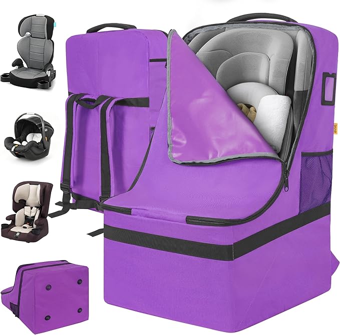 IBVIVIC Padded Car Seat Travel Bag for Airplane, Heavy Duty Car Seat Bag for Air Travel Gate Check Carseat Carrier Bag with Shoulder Strap, Fits Most Baby & Infant Car Seats (Purple)