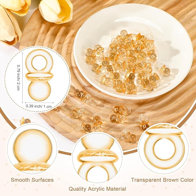 Roowest 51 Pcs Pacifier Hunt BabyShower Games Include Wooden Hunt Sign and 50 Acrylic Mini Plastic Pacifiers for BabyShower Game Decoration Gift Sets Gender Reveal Party(Bear,Brown)