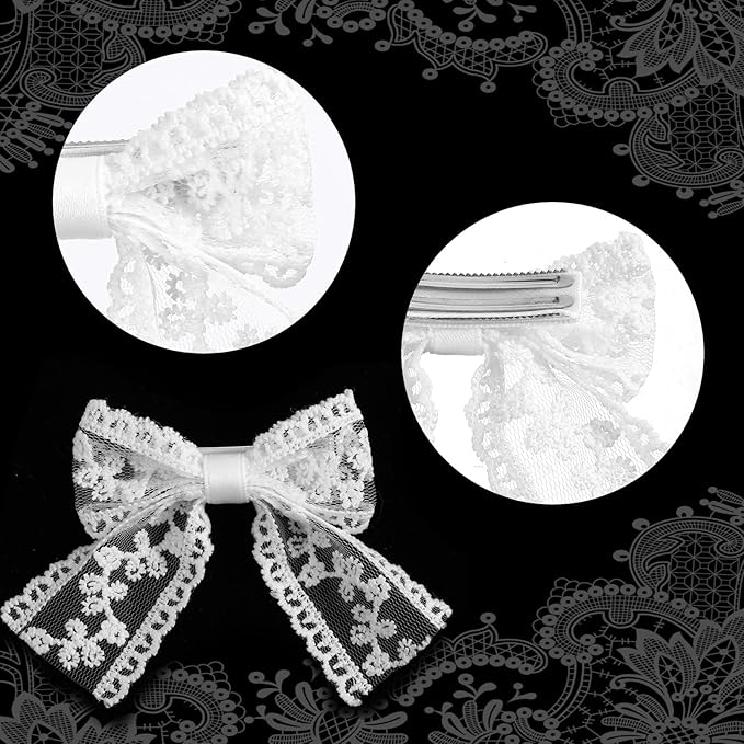 2 Pcs 3" Small White Lace Hair Bow Clips with Long Tail Ribbon Bow Alligator Barrettes Pin, Alligator Clips Hair Accessories, Handmade Hair Accessories for Girls Toddler Kids Children Teens, White