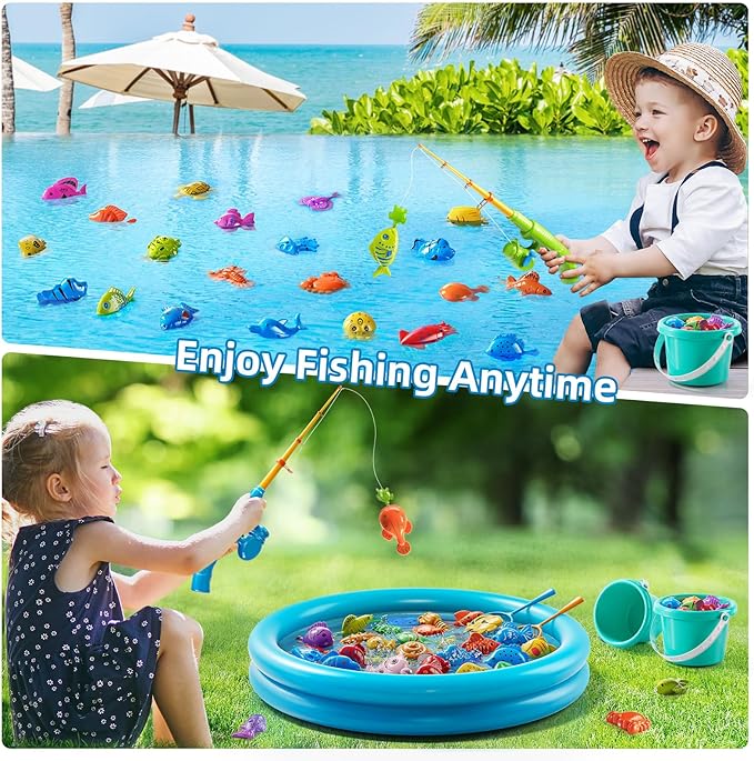JUKUDAHU Magnet Fishing Toys Game for Kids 3-5 - Floating Fish Toys with Inflatable Kiddie Pool, Bath for Toddlers, Pole Rod Net, Outdoor Party for Boys Girls Kids Age 3 4 5 6 7 8 Year Old