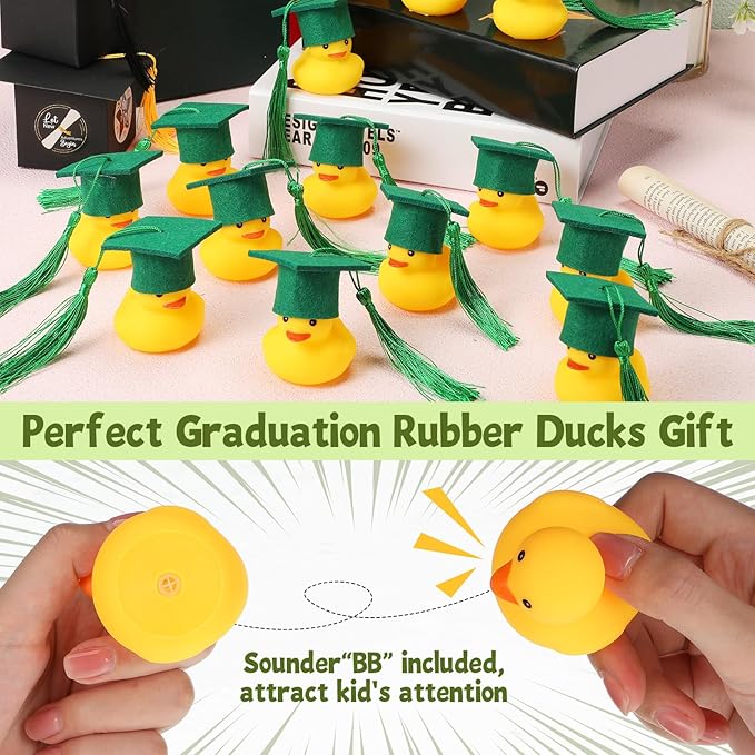 Jerify 48 Pcs Graduation Rubber Ducks with Grad Cap 2026 Diploma Grad Rubber Duck Graduation Party Bath Pool with Storage Bag for Student Gifts Party Favor(Green)