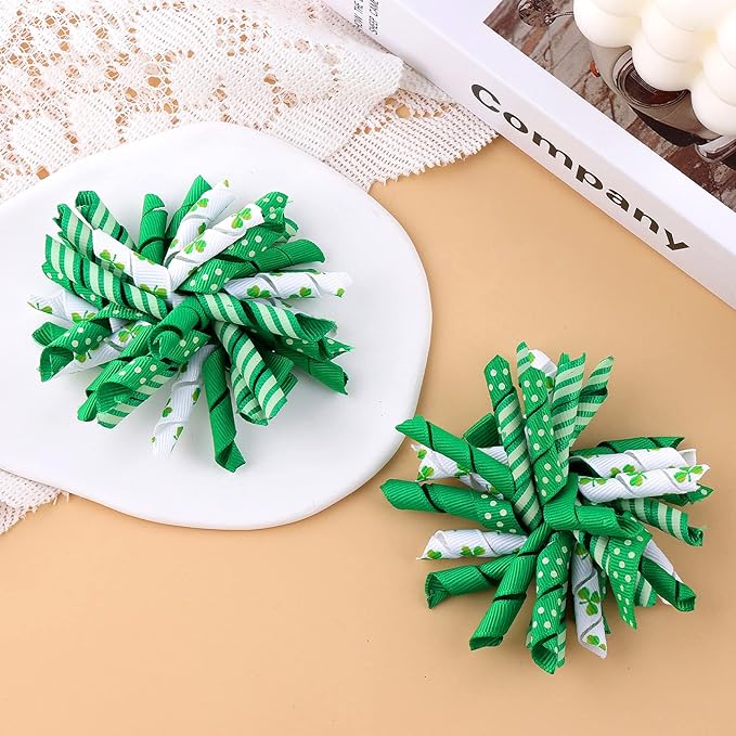 St Patricks Day Korker Hair Bow Clip 3'' Irish Green Shamrock Curly Corker Fireworks Alligator Barrette Toddler Baby Girls Kids Pattys Christmas Holiday Favor Gift Accessories