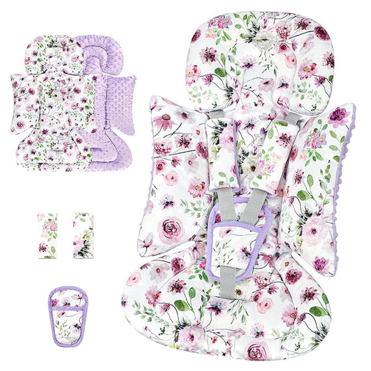 GFU 3-in-1 Infant Car Seat Insert, Soft Head and Body Support,Ultra & Strap Covers Set, Reversible Newborn Car Seat Cushion Pad for Baby Boy & Girl fits Stroller, Swing, Bouncer (Purple)